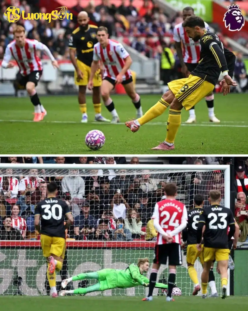 Thủ môn của Brentford đã cản phá thành công quả phạt đền của Bruno (Ảnh: X). Thủ môn của Brentford đã cản phá thành công quả phạt đền của Bruno