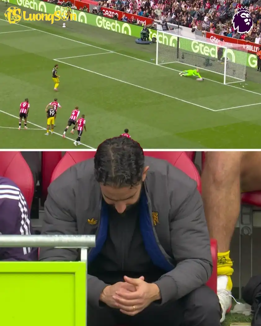 HLV Ruben Amorim không dám nhìn cú sút của Bruno (Ảnh: X). HLV Ruben Amorim không dám nhìn cú sút của Bruno