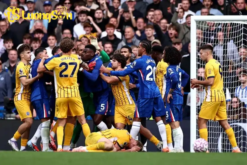 Trung vệ Benoit Badiashile (số 5) vật lộn với đội trưởng Lewis Dunk của Brighton (Ảnh: The Sun). Trung vệ Benoit Badiashile (số 5) vật lộn với đội trưởng Lewis Dunk của Brighton