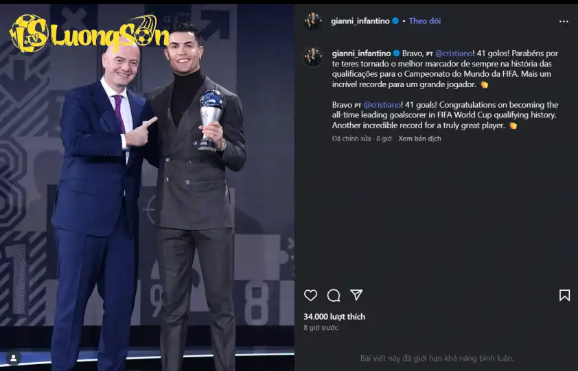 Chủ tịch FIFA Gianni Infantino chúc mừng Ronaldo với thành tích ghi nhiều bàn thắng nhất trong lịch sử vòng loại World Cup Chủ tịch FIFA Gianni Infantino chúc mừng Ronaldo với thành tích ghi nhiều bàn thắng nhất trong lịch sử vòng loại World Cup